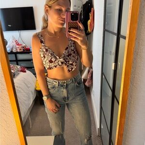 Zara Burgundy and White Floral Crop Top